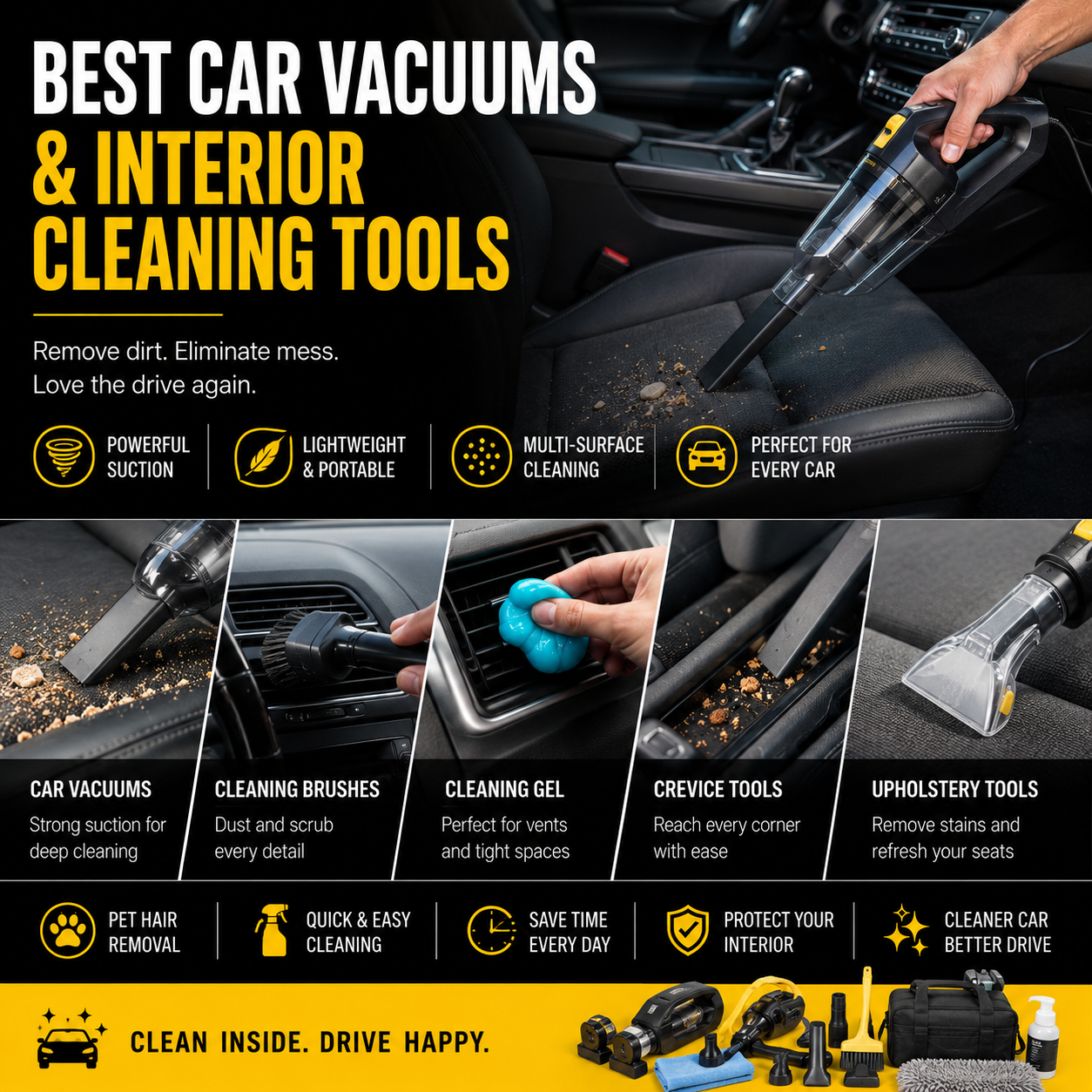 Best car vacuums and interior cleaning tools including cordless car vacuums portable vacuums handheld cleaners detailing brushes and pet hair removal tools for cleaner vehicle interiors