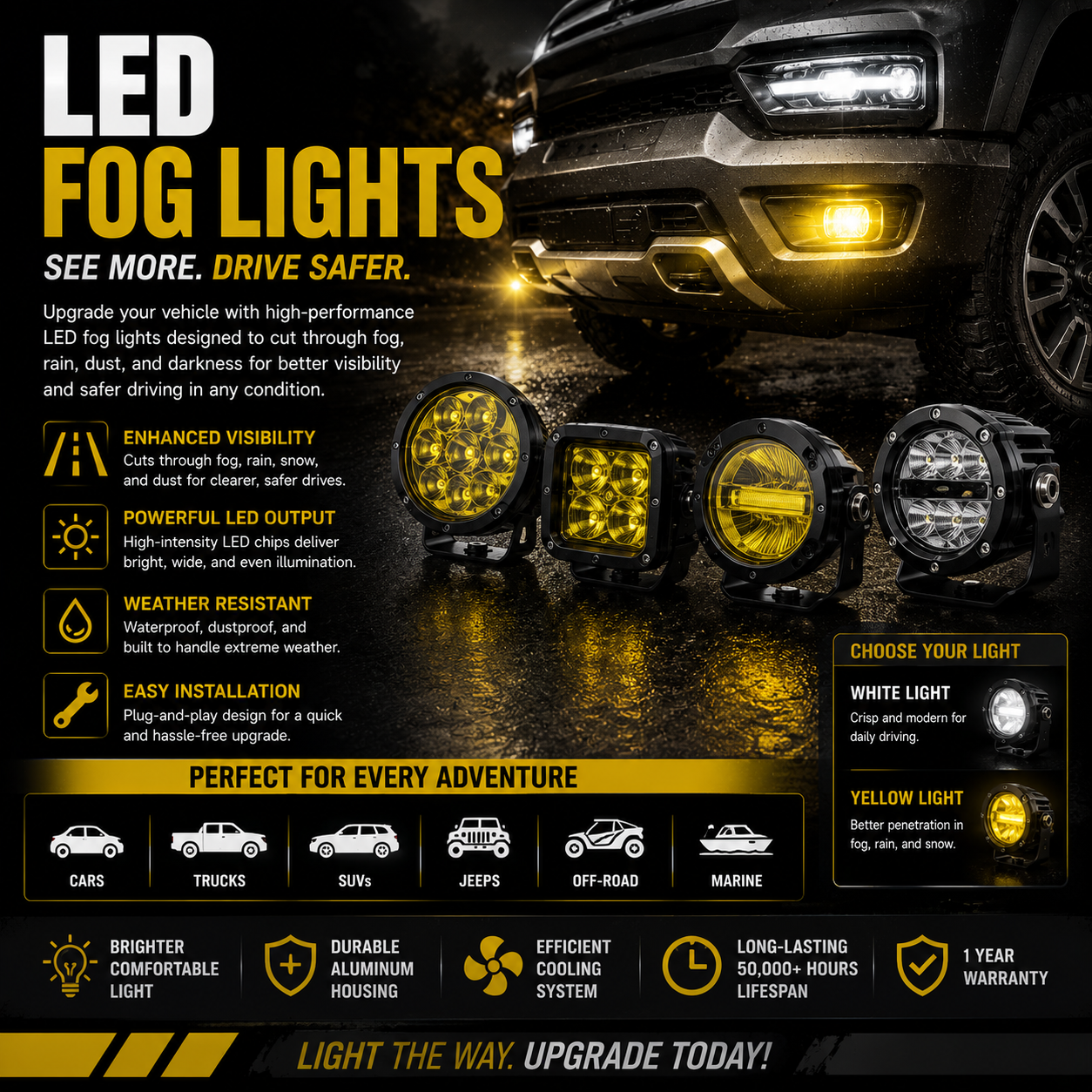 Bright LED fog lights with waterproof automotive lighting systems, yellow & white fog lamps, truck lighting upgrades, and premium vehicle visibility accessories