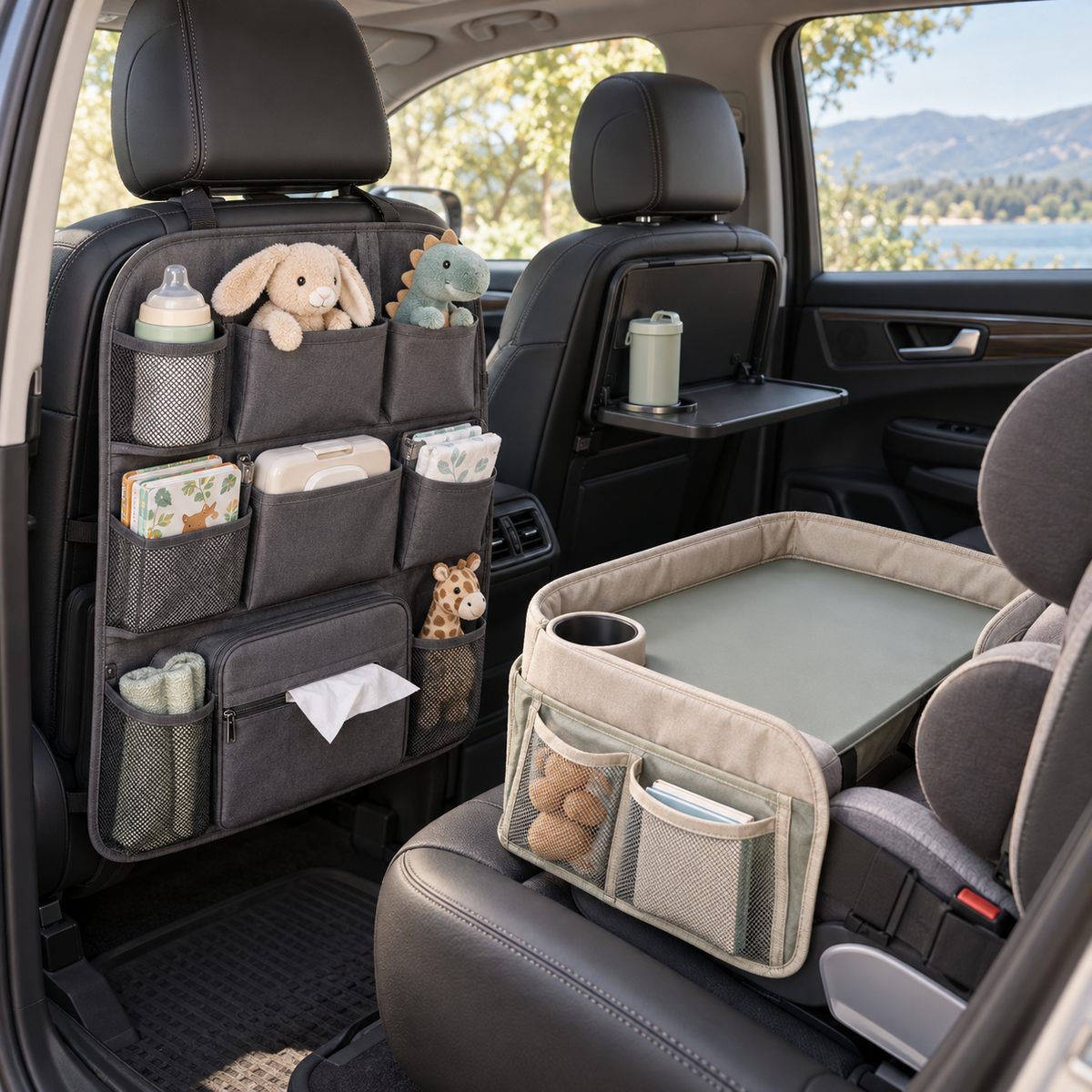 Car backseat organizer with kids travel tray, fold-down table and baby travel accessories