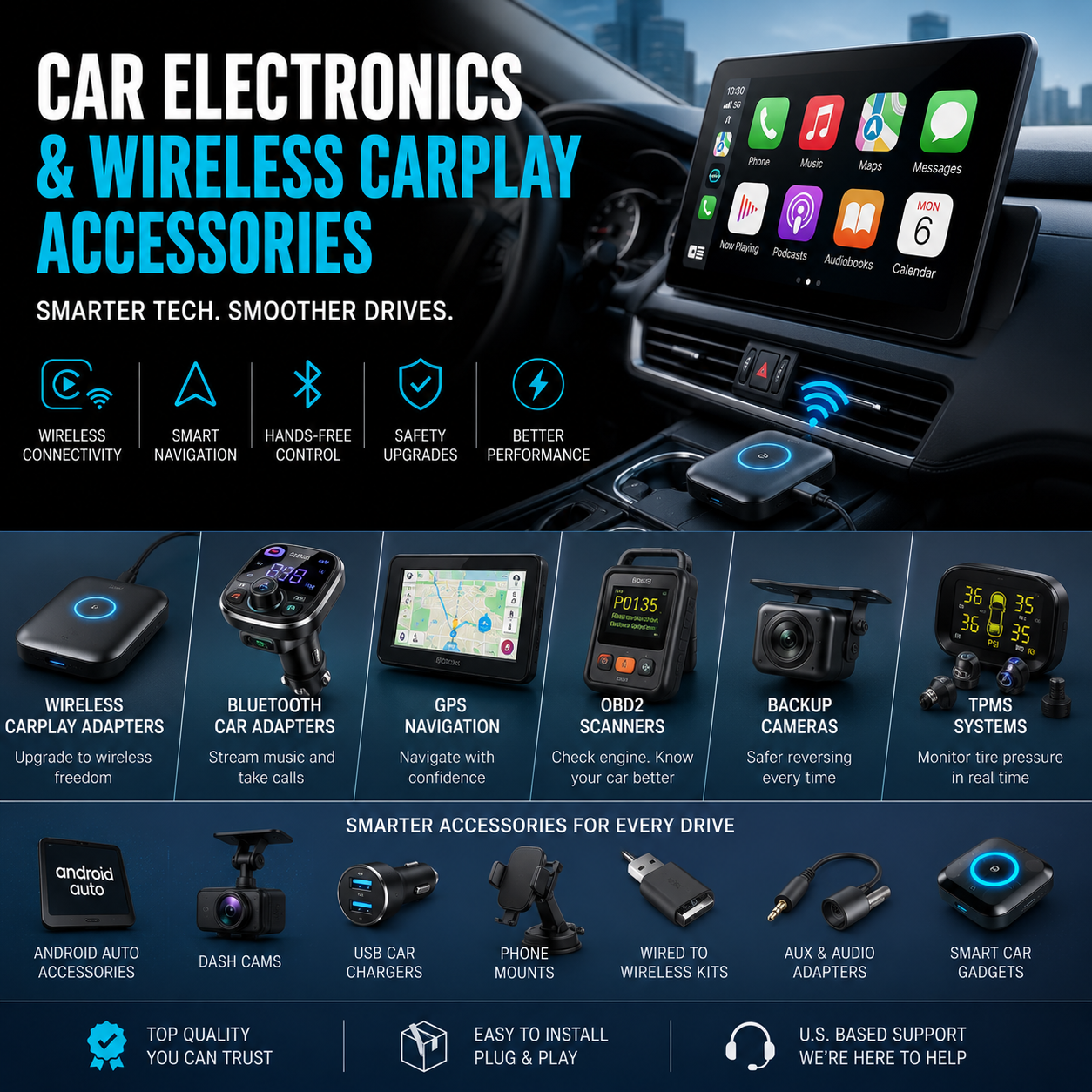 Car electronics and wireless CarPlay accessories including wireless CarPlay adapters Android Auto accessories Bluetooth adapters GPS navigation devices OBD2 scanners backup cameras and smart car gadgets