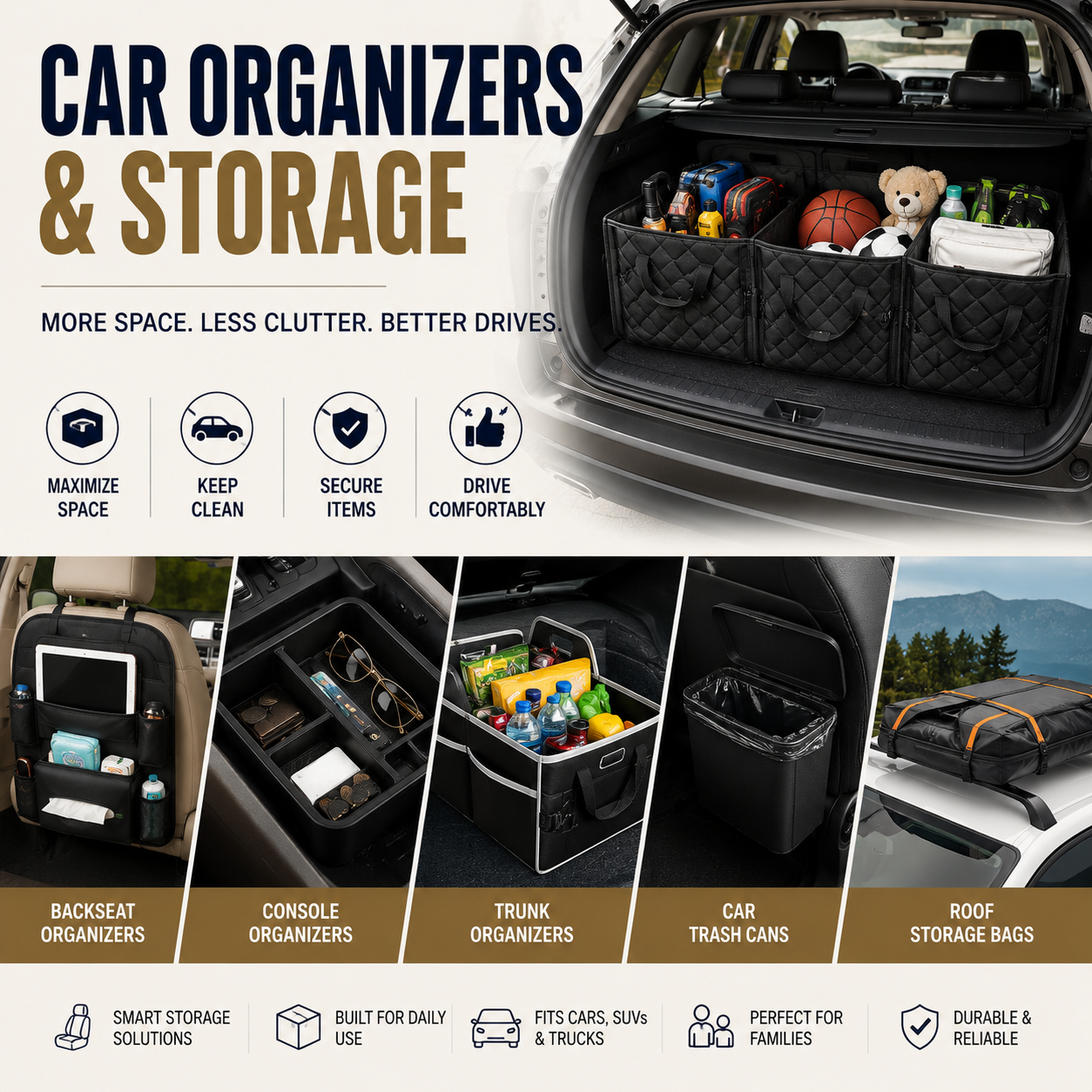 Car organizers and storage accessories including trunk organizers backseat organizers console organizers cargo nets roof storage bags and car trash cans for cleaner more organized vehicle interiors