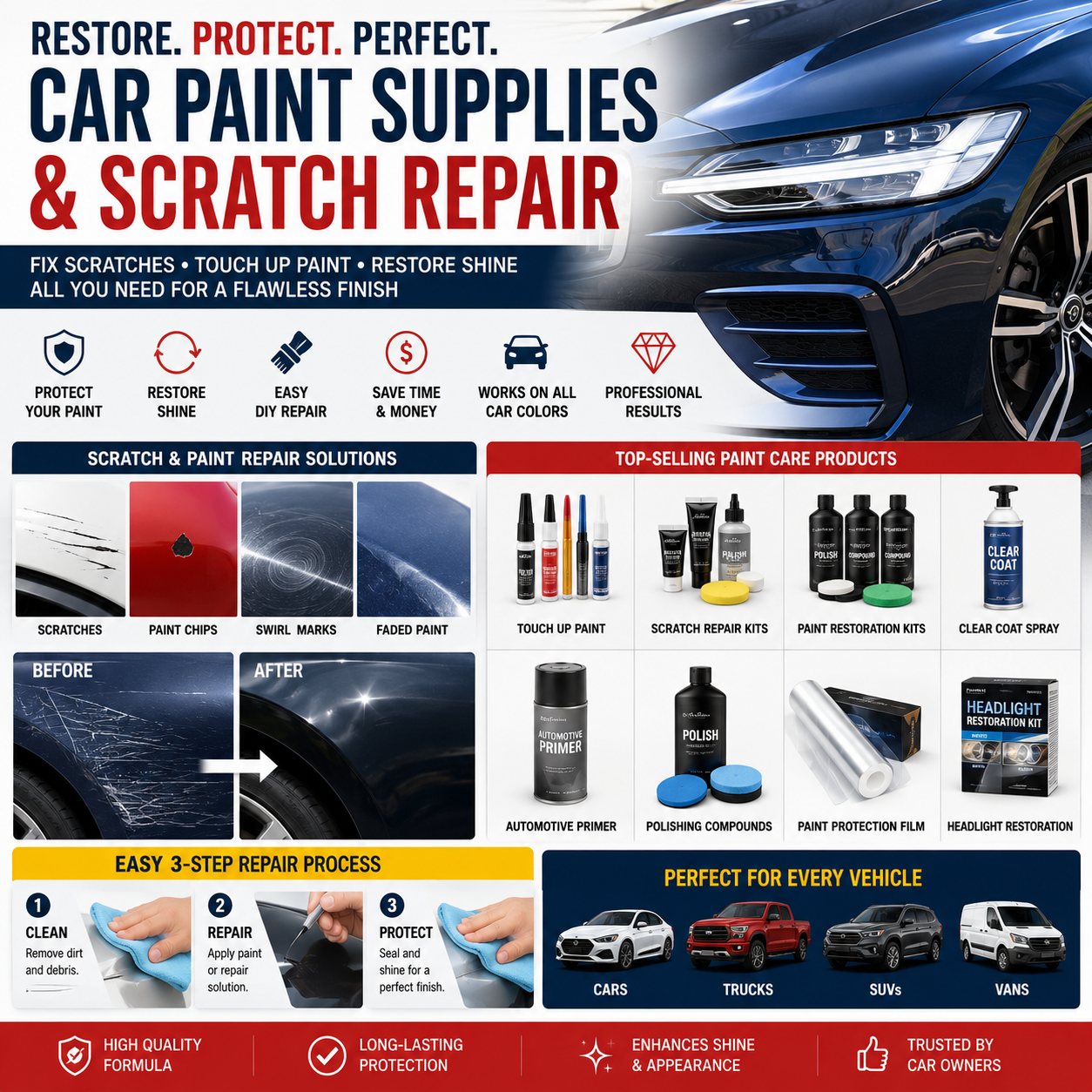 Car paint supplies and scratch repair products including touch up paint scratch repair kits polishing compounds paint restoration kits clear coat spray and paint protection film