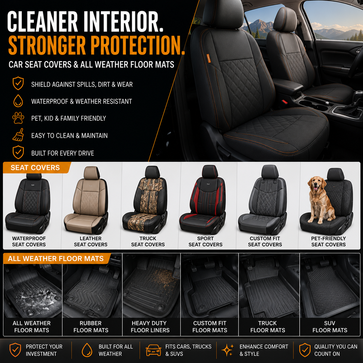 Car seat covers and all weather floor mats including waterproof seat covers leather seat covers rubber floor mats heavy duty floor liners and custom floor mats for cleaner vehicle interiors
