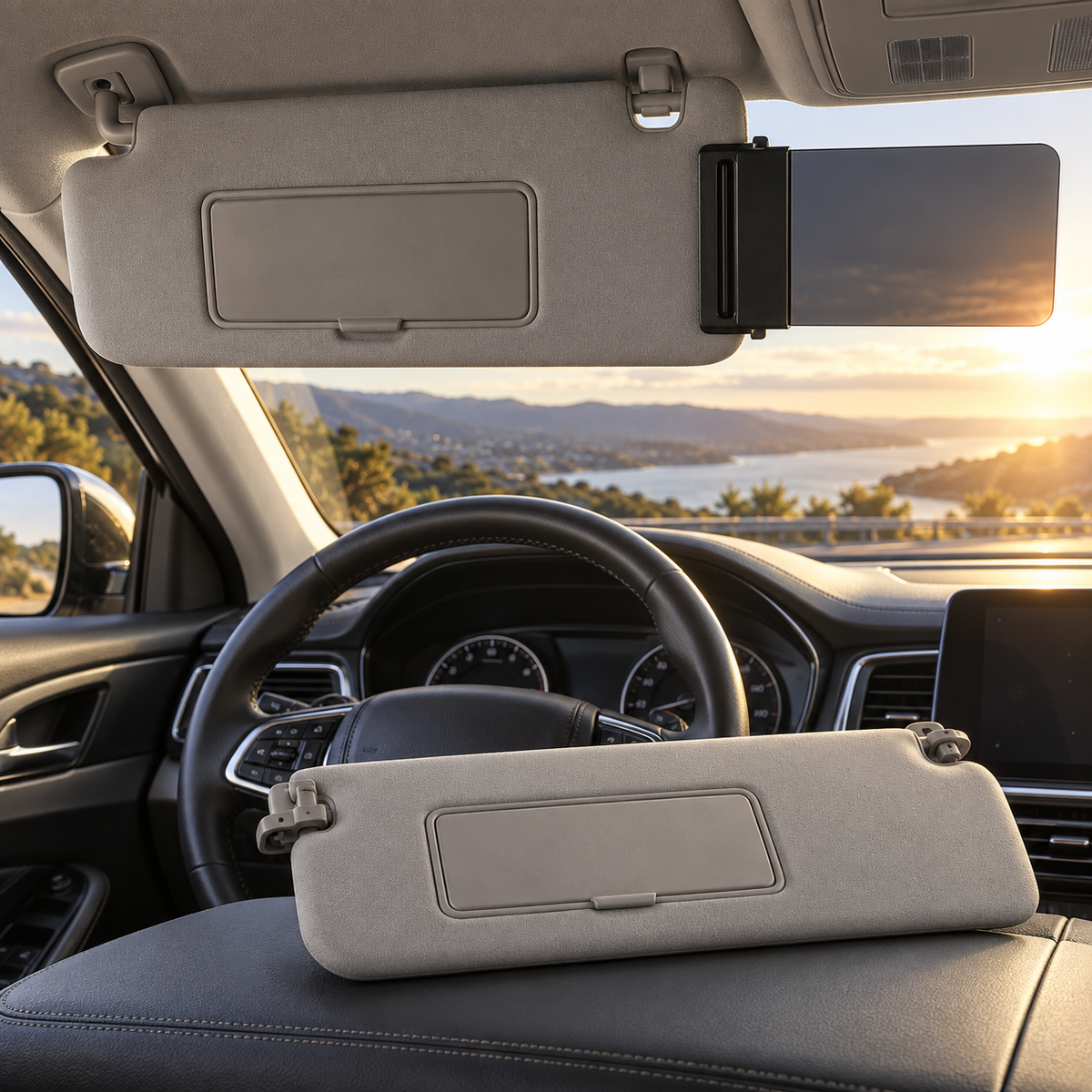 Car sun visor with adjustable extender and driver-side replacement visor