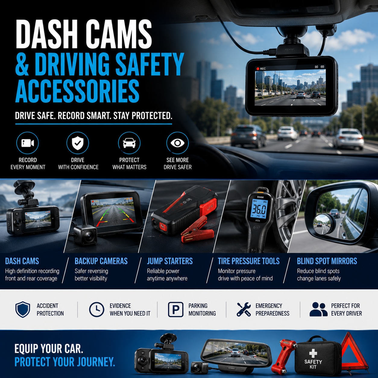 Dash cams and driving safety accessories including 4K dash cams backup cameras jump starters blind spot mirrors tire pressure gauges and emergency car safety tools for safer everyday driving