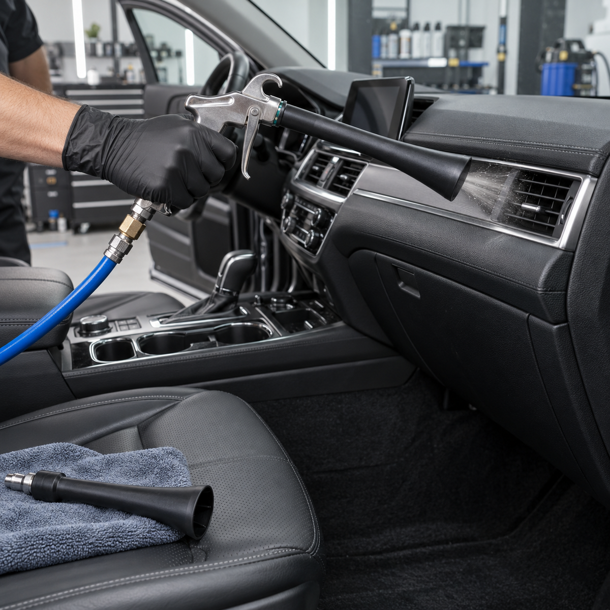Pneumatic car interior air cleaning gun removing dust from dashboard vents