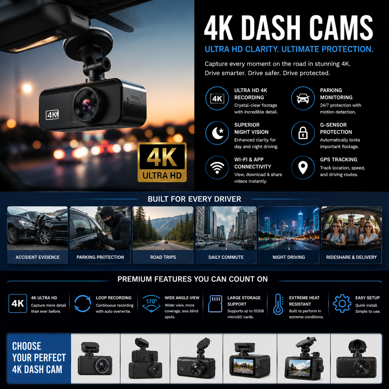Premium 4K dash cams with ultra HD recording, night vision driving cameras, parking surveillance systems, GPS tracking, and advanced automotive safety accessories