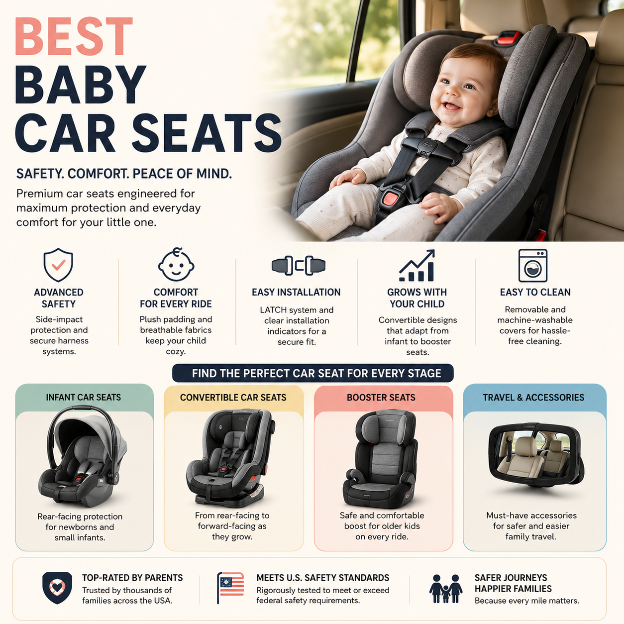 Premium baby car seats with advanced child safety systems, convertible travel seats, infant protection technology, comfortable family travel designs, and automotive child safety accessories