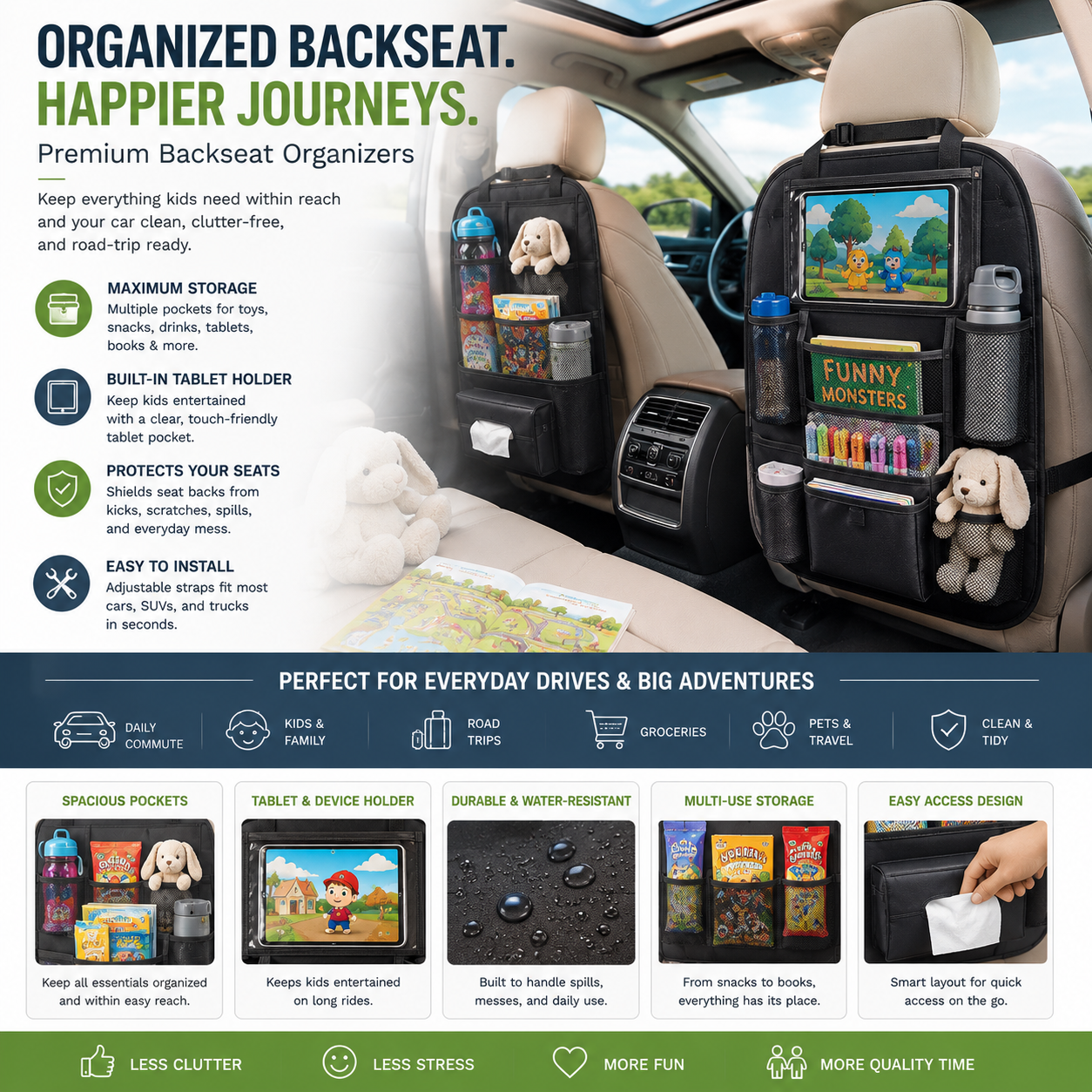 Premium backseat organizers with tablet holders, multi-pocket storage compartments, car seat protectors, travel organizers, and family-friendly vehicle storage accessories