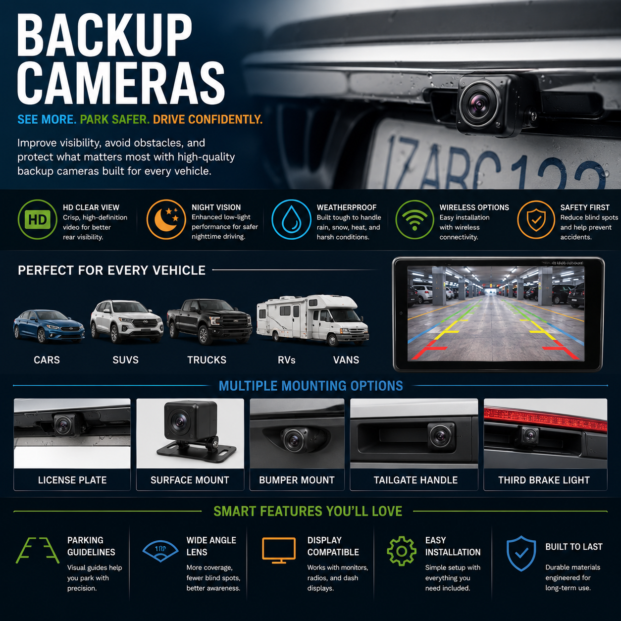 Premium backup cameras with HD rear view systems, wireless parking cameras, night vision reverse assist technology, and automotive safety camera accessories