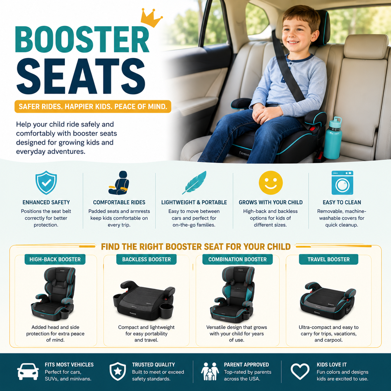 Premium booster seats with child safety support, high-back travel seating, adjustable comfort systems, family vehicle protection, and kid-friendly car accessories