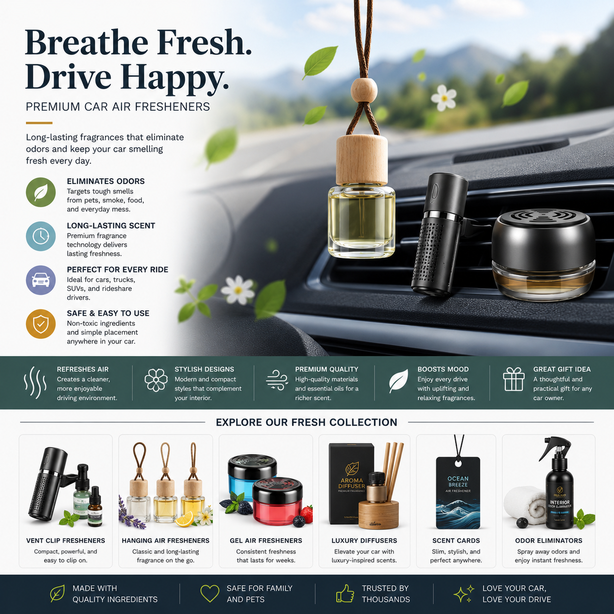 Premium car air fresheners with vent clips, luxury fragrance diffusers, odor eliminators, hanging scent cards, and stylish automotive interior fragrance accessories