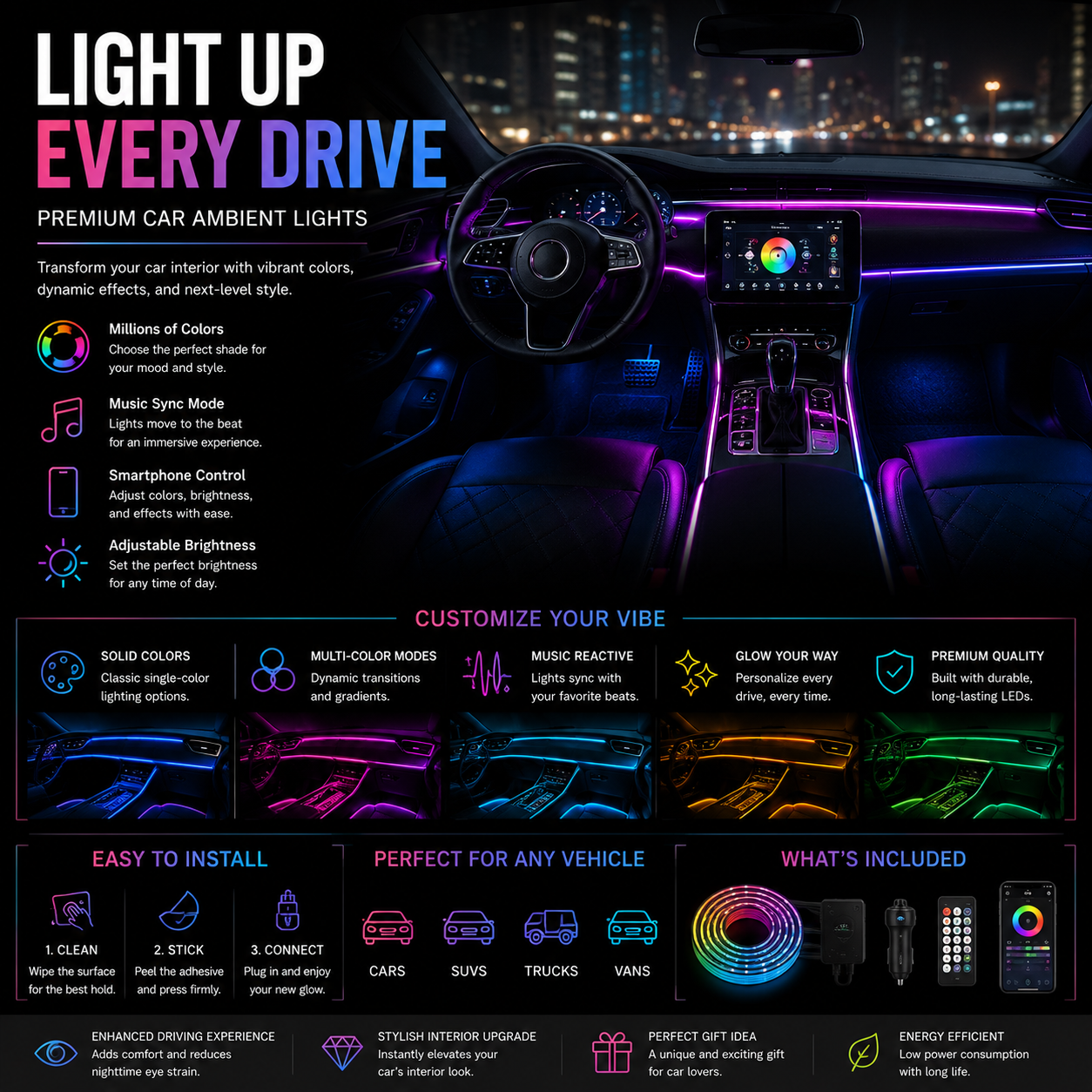 Premium car ambient lights with RGB LED interior lighting kits, dashboard glow lights, app-controlled mood lighting, and stylish automotive interior LED accessories