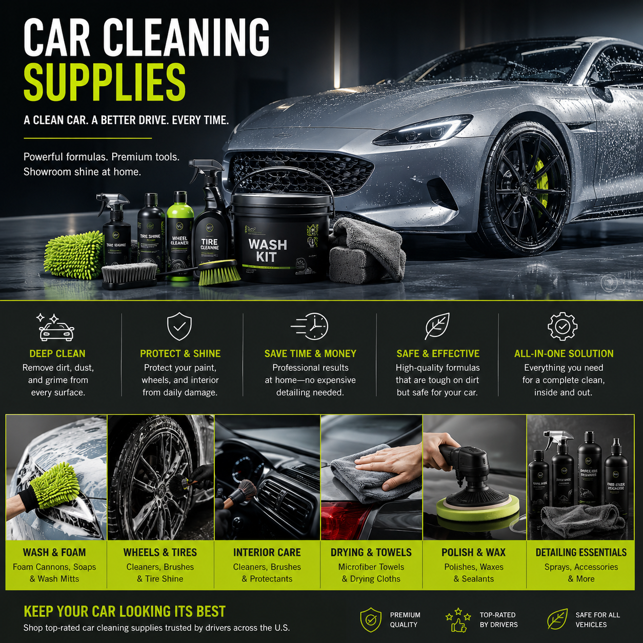 Premium car cleaning supplies and detailing products for interior cleaning, exterior washing, tire shine, dashboard care, and professional vehicle detailing at home