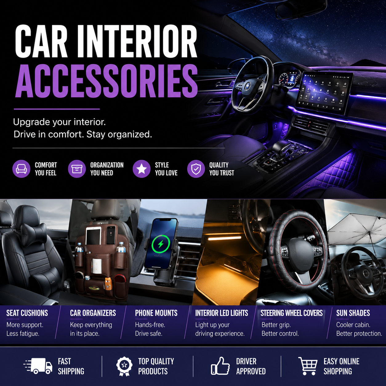 Premium car interior accessories including car organizers, seat cushions, steering wheel covers, interior LED lights, phone mounts, sun shades, and dashboard accessories for U.S. drivers