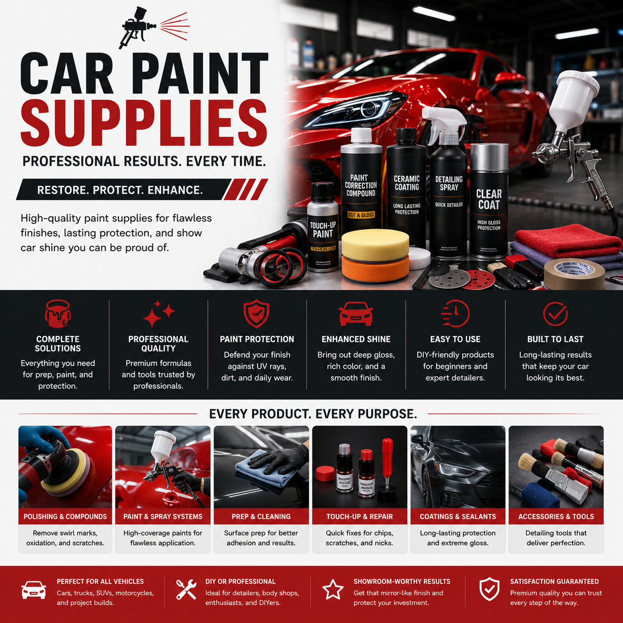 Premium car paint supplies with automotive detailing tools, polishing compounds, touch-up paint systems, ceramic prep accessories, and vehicle exterior restoration products