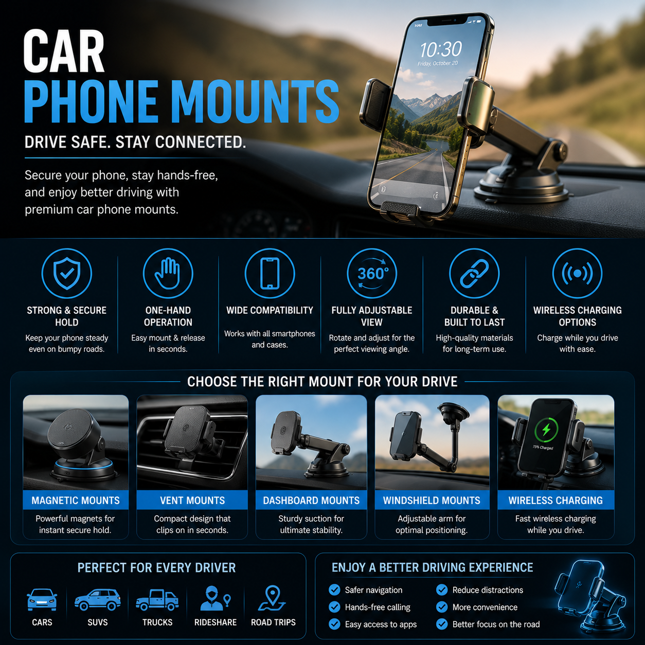 Premium car phone mounts with magnetic holders, dashboard mounting systems, wireless charging phone stands, vent clip accessories, and hands-free driving solutions