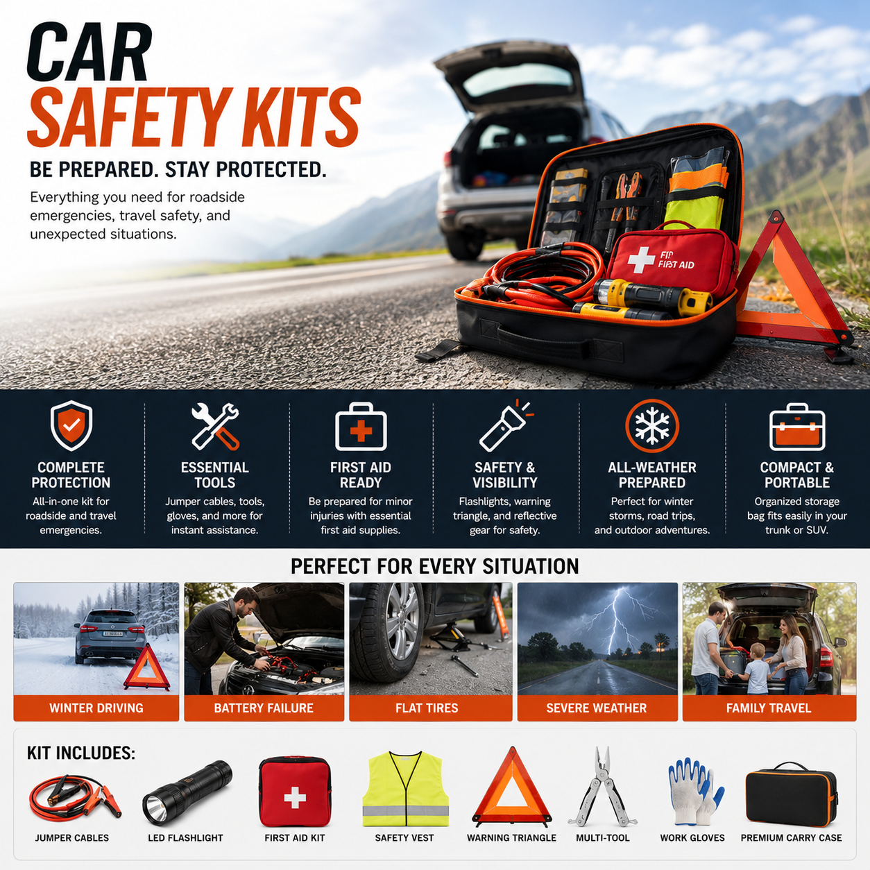 Premium car safety kits with roadside emergency tools, jumper cables, first aid supplies, emergency flashlights, winter driving gear, and automotive protection accessories