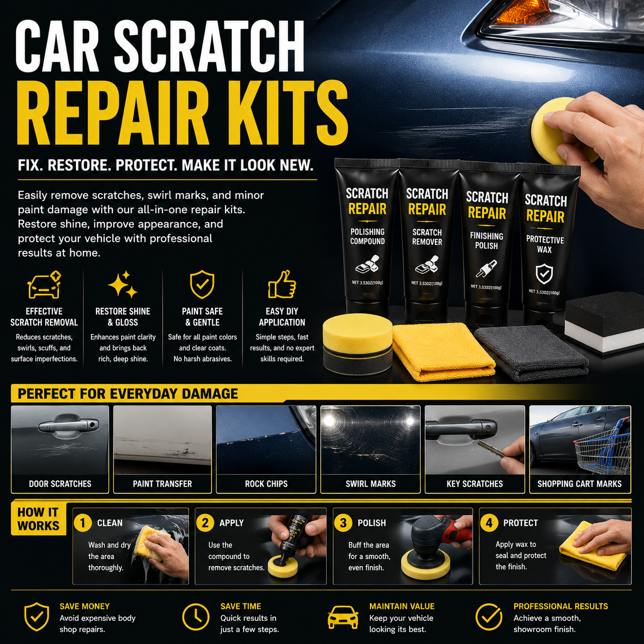 Premium car scratch repair kits with paint correction systems, swirl mark removers, polishing compounds, touch-up repair accessories, and automotive detailing tools
