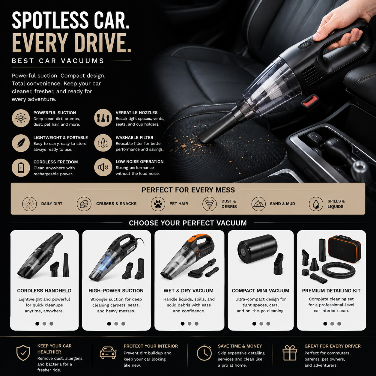 Premium car vacuums with cordless handheld cleaning systems, powerful suction tools, portable automotive vacuums, and vehicle interior detailing accessories