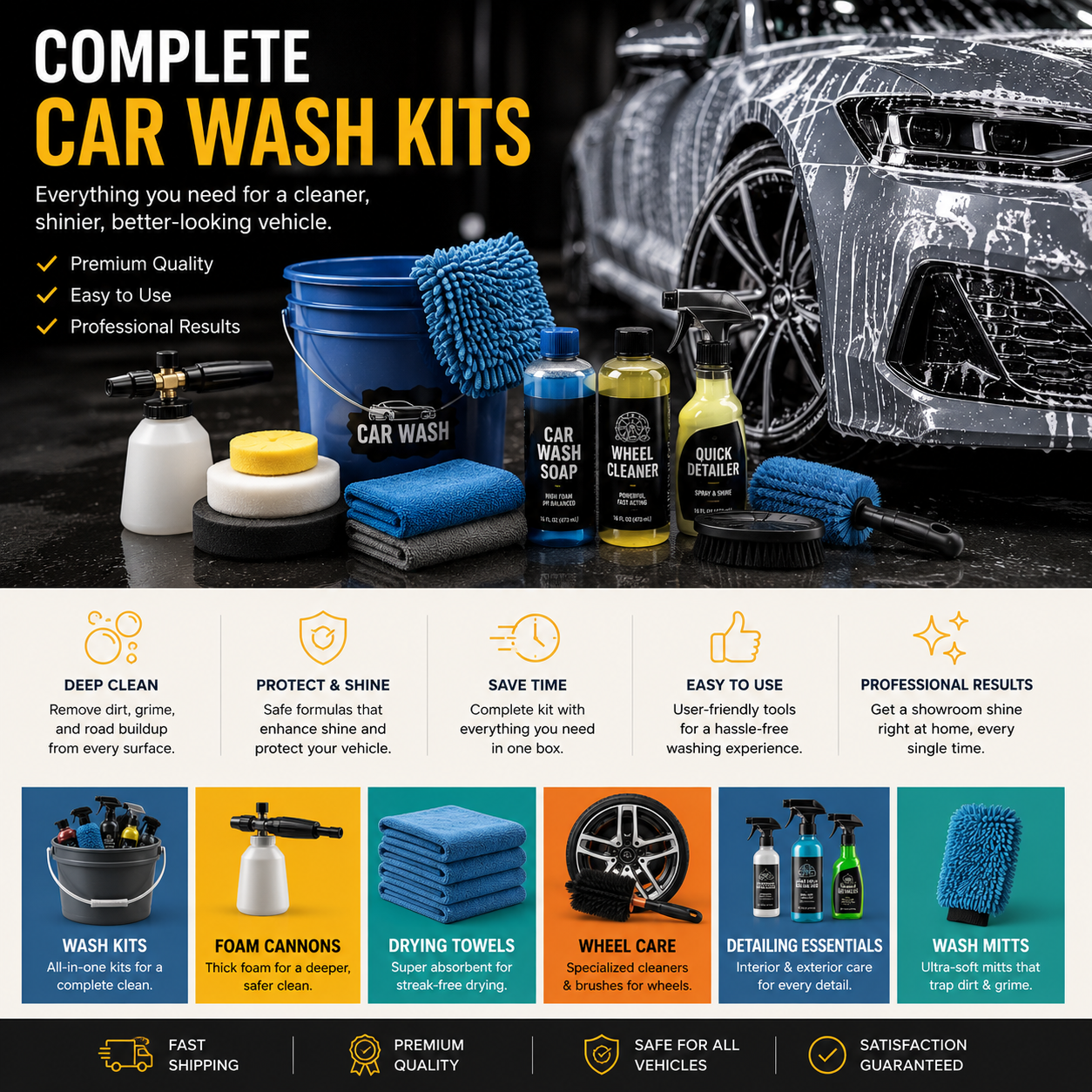 Premium car wash kits with foam cannons, microfiber towels, wheel cleaners, wash mitts, drying towels, and detailing supplies for professional vehicle cleaning at home