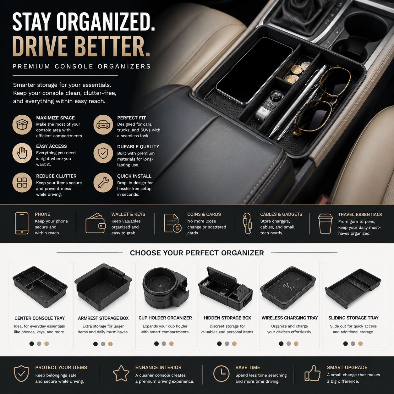 Premium console organizers with center console trays, armrest storage compartments, cup holder organizers, hidden storage boxes, and smart automotive interior organization accessories