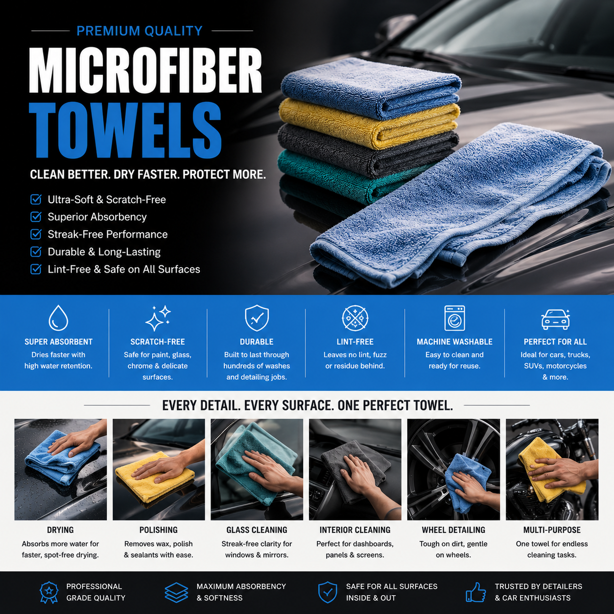 Premium microfiber towels for car drying, detailing, polishing, glass cleaning, and professional automotive care with ultra-soft absorbent microfiber cloths