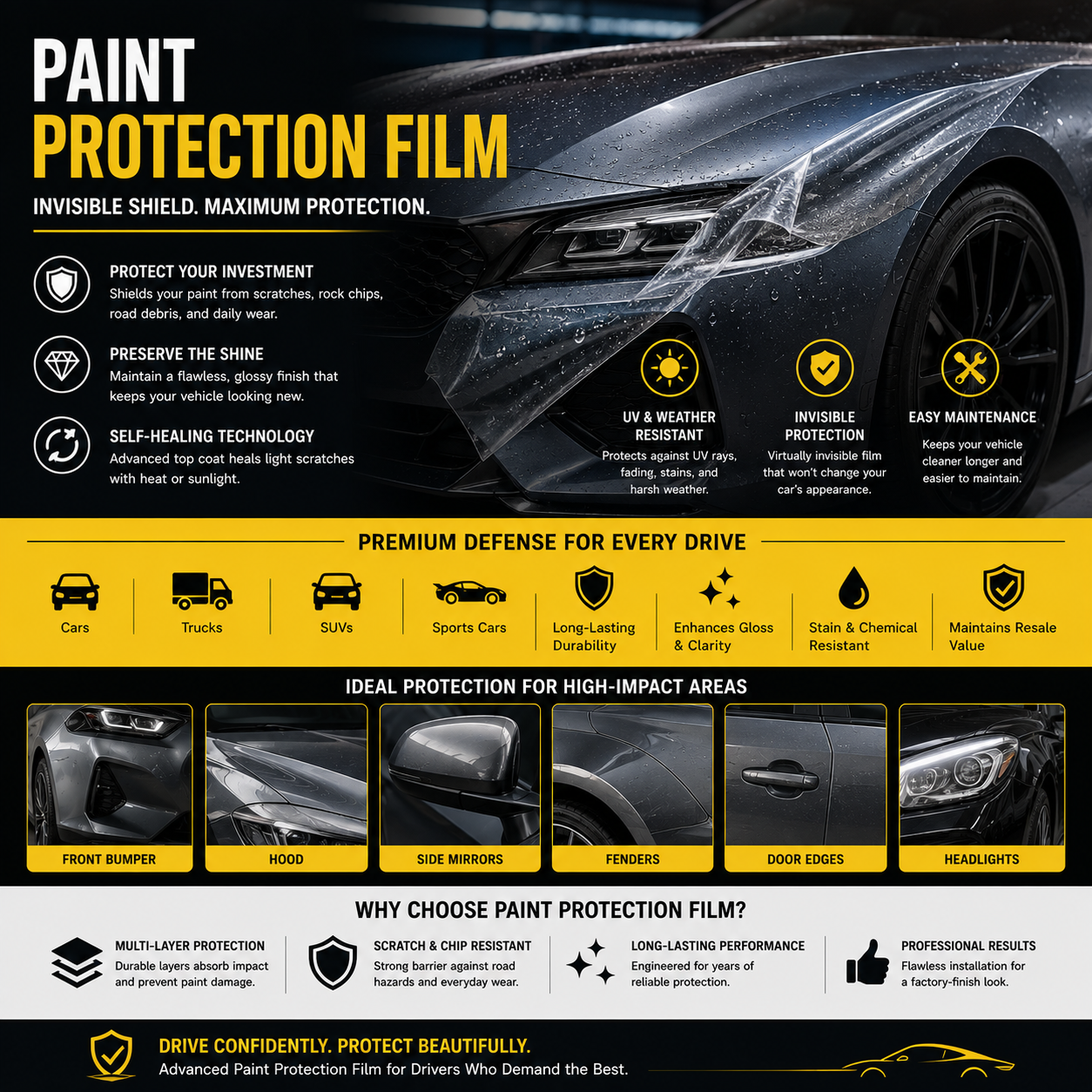 Premium paint protection film with self-healing PPF technology, clear bra vehicle protection, scratch-resistant automotive film, and exterior paint preservation solutions