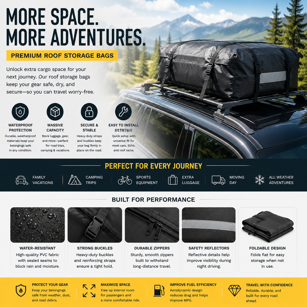 Premium roof storage bags with waterproof rooftop cargo carriers, travel luggage storage systems, camping cargo organizers, and automotive roof storage accessories for road trips