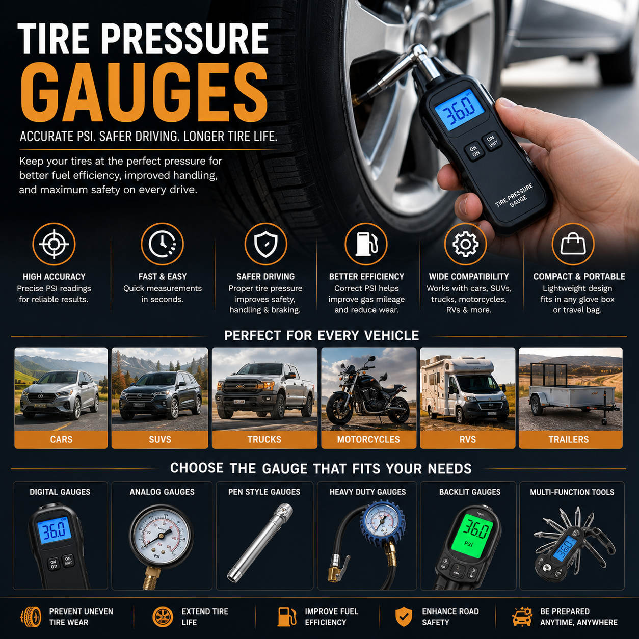Premium tire pressure gauges with digital PSI displays, tire air pressure monitoring tools, automotive maintenance accessories, and vehicle safety equipment