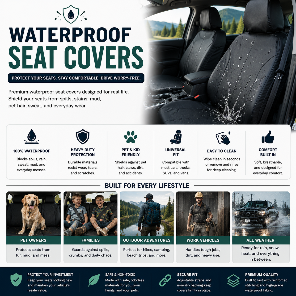Premium waterproof seat covers with heavy-duty vehicle protection, pet-friendly materials, anti-slip comfort, and automotive interior protection accessories