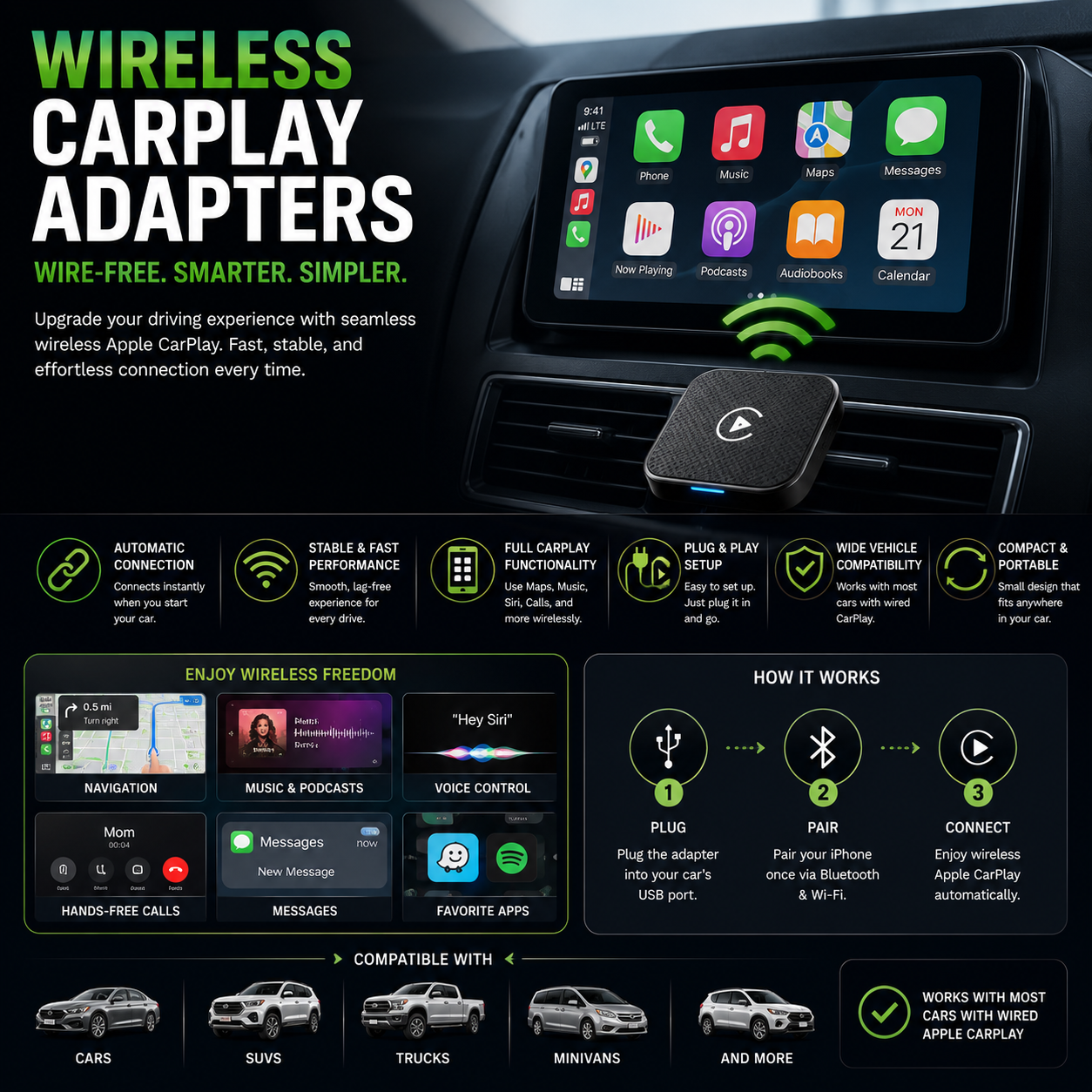 Premium wireless CarPlay adapters with Apple CarPlay connectivity, Bluetooth driving systems, plug-and-play smart dashboard upgrades, and automotive tech accessories