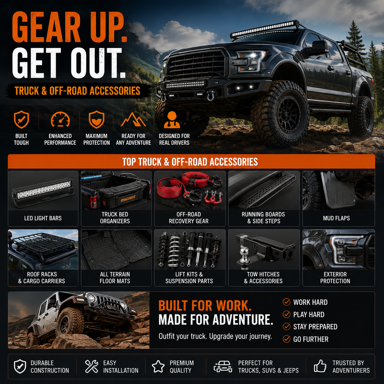 Truck and off-road accessories including LED light bars truck bed organizers roof racks off-road recovery gear running boards mud flaps and all terrain floor mats for trucks SUVs and Jeeps