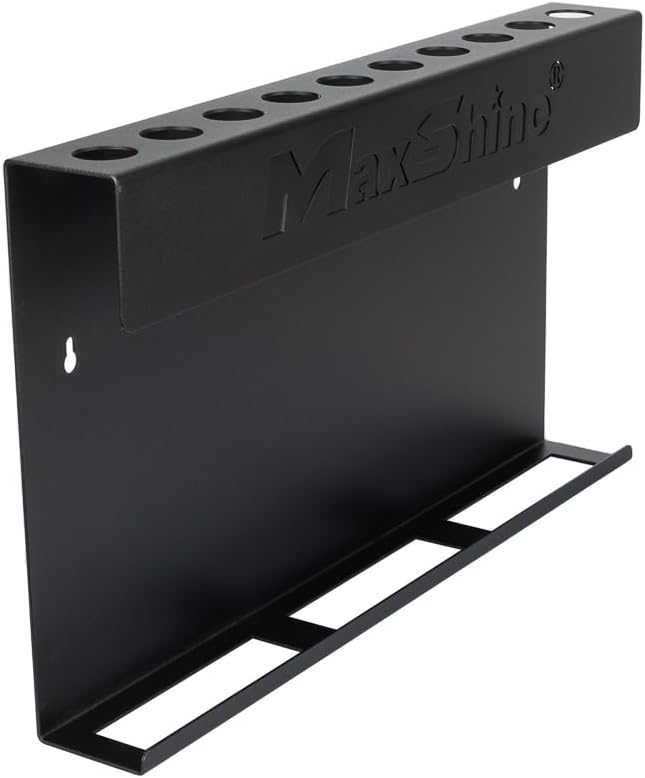 Maxshine Universal Brush & Trigger Bottle Holder – Wall-Mount Organizer Holds 10 Brushes & 6 Spray Bottles – Black Powder-Coated Metal Rack for Garage, Auto Detailing Shop & Car Care Storage
