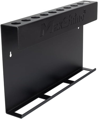 Maxshine Universal Brush & Trigger Bottle Holder – Wall-Mount Organizer Holds 10 Brushes & 6 Spray Bottles – Black Powder-Coated Metal Rack for Garage, Auto Detailing Shop & Car Care Storage