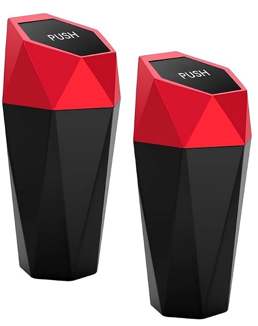 Ginsco 2 Pack Car Trash Can with Lid, Cup Holder Garbage Can for Car, Garbage Bin Cars Accessories for Interior, Leakproof Small Trash Bin, Mini Trash Can for Cars, Home, Bedroom, Office (Red)