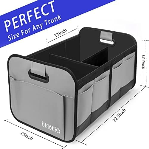 Homeve Car Trunk Organizer for SUV, 18.5Gal Large Capacity No-Sag Heavy Duty, Foldable Waterproof Anti-Slip Storage with 12 Pockets, Fit Sedan, Truck, Universal Car Accessories, Grey, 2 Compart,Large