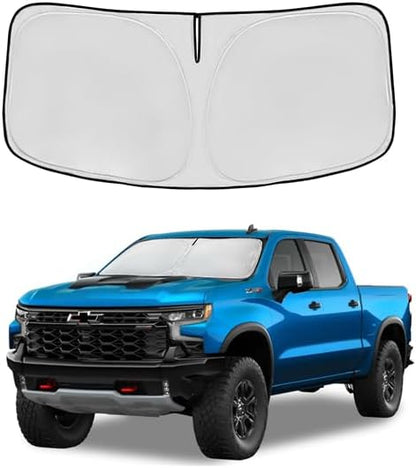 for Chevrolet Chevy Silverado 1500 Windshield Sun Shade 2019-2024 2025 2026 Front Window Shade Custom Fit Silverado Regular Cab, Crew Cab, Double Cab Sun Visor Foldable Shade Blocks UV Rays