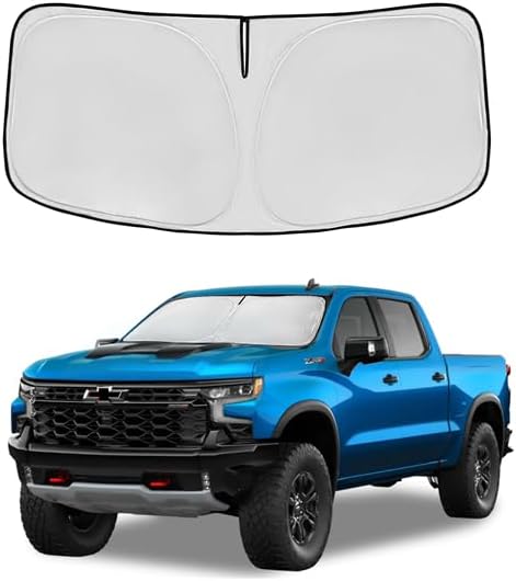 for Chevrolet Chevy Silverado 1500 Windshield Sun Shade 2019-2024 2025 2026 Front Window Shade Custom Fit Silverado Regular Cab, Crew Cab, Double Cab Sun Visor Foldable Shade Blocks UV Rays
