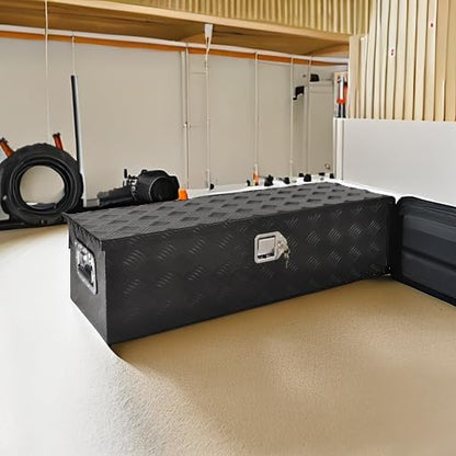 39 Inch Aluminum Heavy Duty Truck Bed Tool Box Truck Car Outdoor Trailer Pickup Toolbox, RV Storage Organizer Trailer Storage Tool Box w/Lock & Keys, 5 Bar Tread, Black (39"X13"X10")