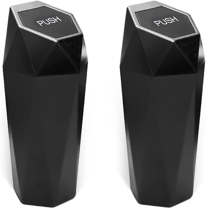 2PCS Car Trash Can with Lid, Mini Portable Auto Garbage Can, Small Leakproof Diamond Design Trash Dustbin, Waterproof Vehicle Rubbish Bins for Automotive Car, Home, Office, Kitchen, Bedroom (Black,2)