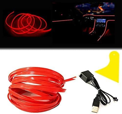 El Wire Red Interior Car LED Strip Lights, 2M Neon Wire USB 5V with Fuse Protection for Automotive Interior Decoration, with 6mm Sewing Edge