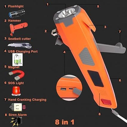 LUXON Car Emergency Escape Tool 8-in-1,Car Safety Tool:Window Breaker,Seat Belt Cutter,LED Flashlight,USB Charger,SOS Light,Hand Cranking Charge,Magnetic,Siren Alarm