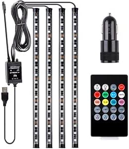 Car Interior Lights 72 LEDs, 4X Car LED Strip Lights Including Cigarette Charger, LED RGB Floor Car Lights with Music Changing Remote Control Decorative Atmosphere Ambient Lighting Kits