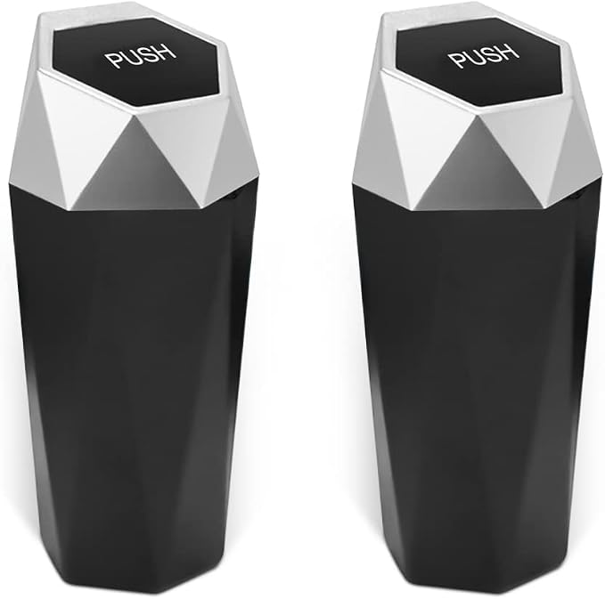 2PCS Car Trash Can with Lid, Mini Portable Auto Garbage Can, Small Leakproof Diamond Design Trash Dustbin, Waterproof Vehicle Rubbish Bins for Automotive Car, Home, Office, Kitchen, Bedroom (Silver,2)