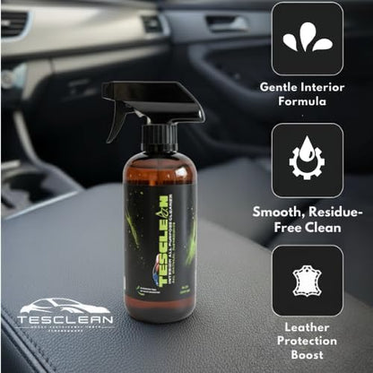 Interior Cleaner Kit for Tesla (16 oz), Made in USA | Seat Cleaner for Tesla, Safe on Vegan Leather, Fits Model S, 3, X, Y (2026), Includes Microfiber Cloth & Sponge
