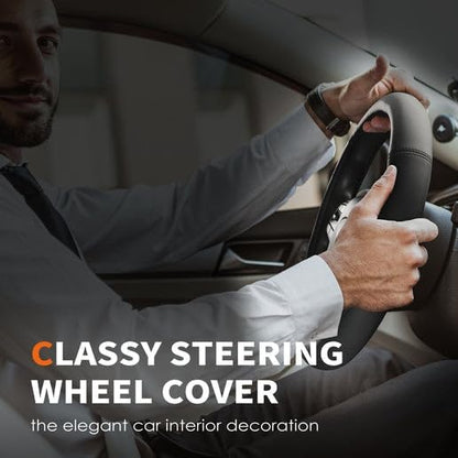 HOTOR Car Steering Wheel Cover - Universal Car Accessory for Diverse Cars, Leather Cover with Anti-Slip Lining, for Steering Wheel with a Diameter of 14.5"-15",Black