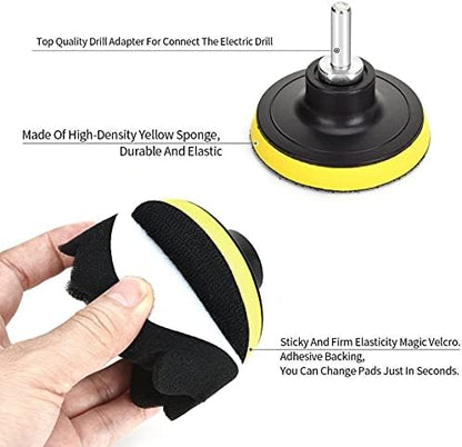 11Pcs 3 Inch Car Foam Drill Polishing Pad Kit, 5 Color Graded Sponge Buffing Pads + Wool Buff Pad, Hook & Loop Backing Plate with M10 Drill Adapter for Auto Detailing, Polishing, Waxing, Sealing Glaze