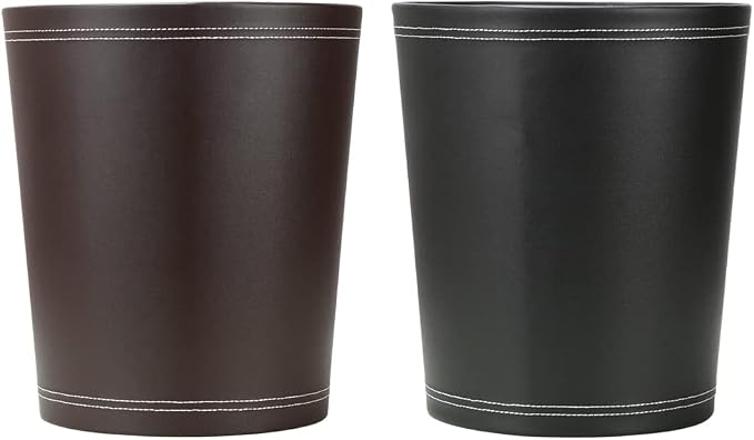 KINGFOM Classic Pu Leather Trash Can Wastebasket, Small Garbage Container Can for Bathrooms, Powder Rooms, Kitchens, Home, Office and and High Class Hotel Round Black