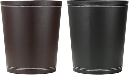 KINGFOM Classic Pu Leather Trash Can Wastebasket, Small Garbage Container Can for Bathrooms, Powder Rooms, Kitchens, Home, Office and and High Class Hotel Round Black